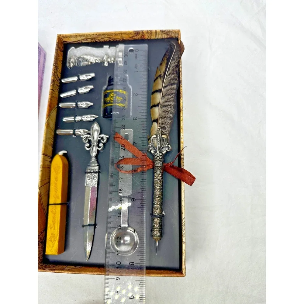 Calligraphy Set Feather Quill Dip Pen Ink 17 Nibs Wax Stamp Letter Opener